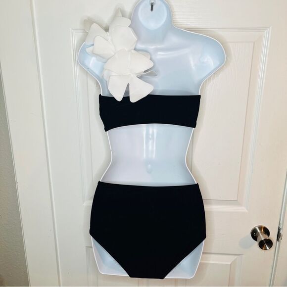 Davi & Dani One Shoulder Flower Two Piece Swim Set Black & White Bikini S NWT - Picture 8 of 12